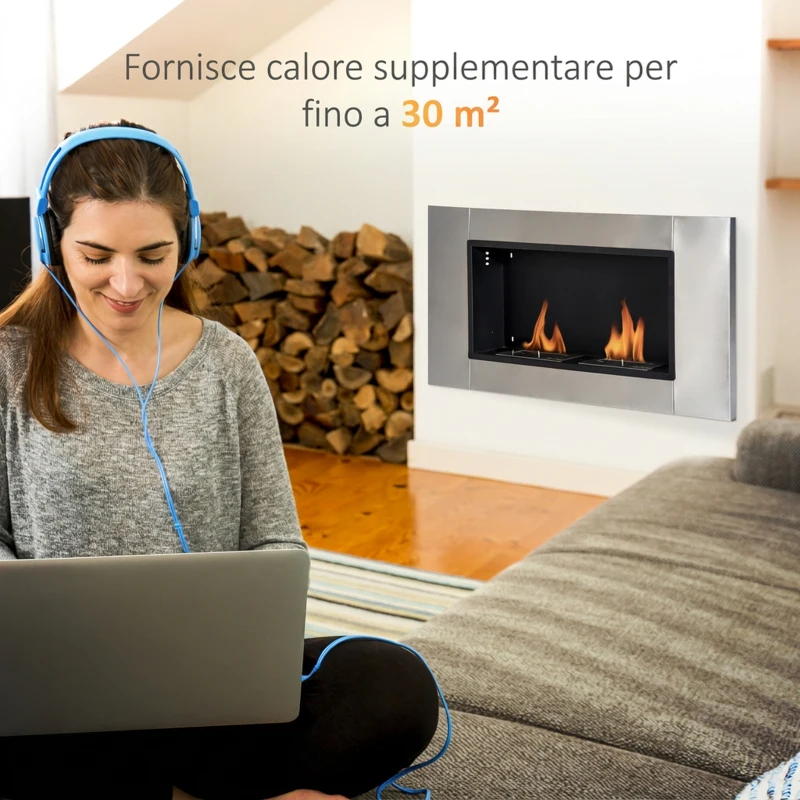 HOMCOM Camino Bioetanolo da Parete con 2 Bruciatori Capacità di 3L, 13600BTU, 110x54x14.5 cm