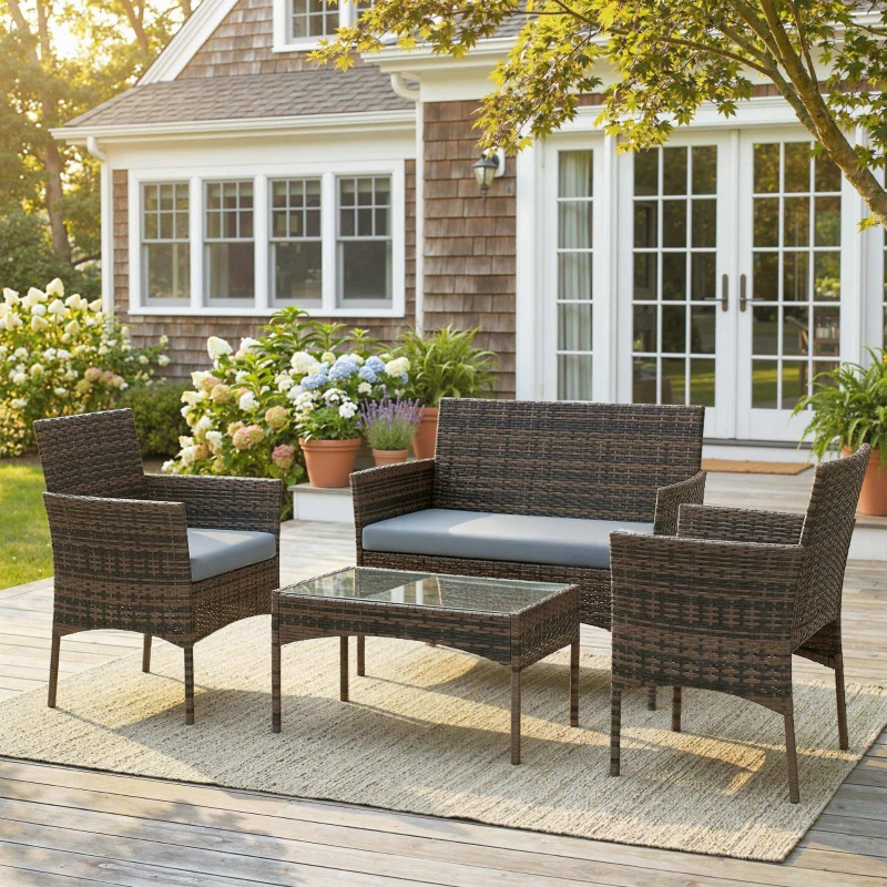 Outsunny Set da Giardino 4pz con Divano 2 Posti, 2 Sedie e Tavolino Basso, in Rattan e Acciaio, Grigio e Marrone