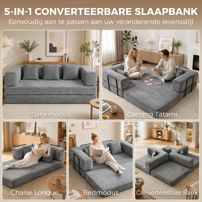 HOMCOM 205 cm slaapbank, 5-in-1, frameloze futon, 75 cm diepe zitting, hoogdicht schuim, grijs, geen montage nodig