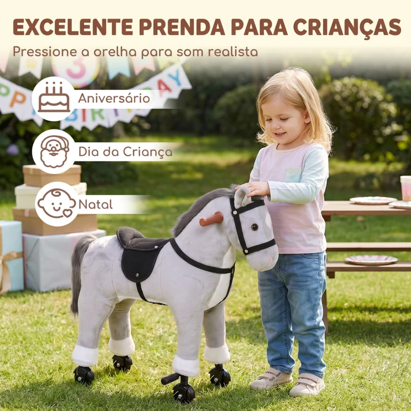 AIYAPLAY Cavalo de Brincar com Rodas, Sons de Cascos, Música, Pedais e Pegas, Estrutura em Metal, +3 Anos, 50 kg, Cinzento