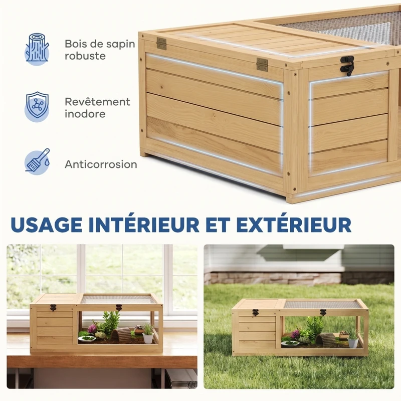 PawHut Maison enclos cage habitat pour petit animal tortues avec 2 espaces 91 x 60,5 x 32 cm bois massif jaune clair(m-4)