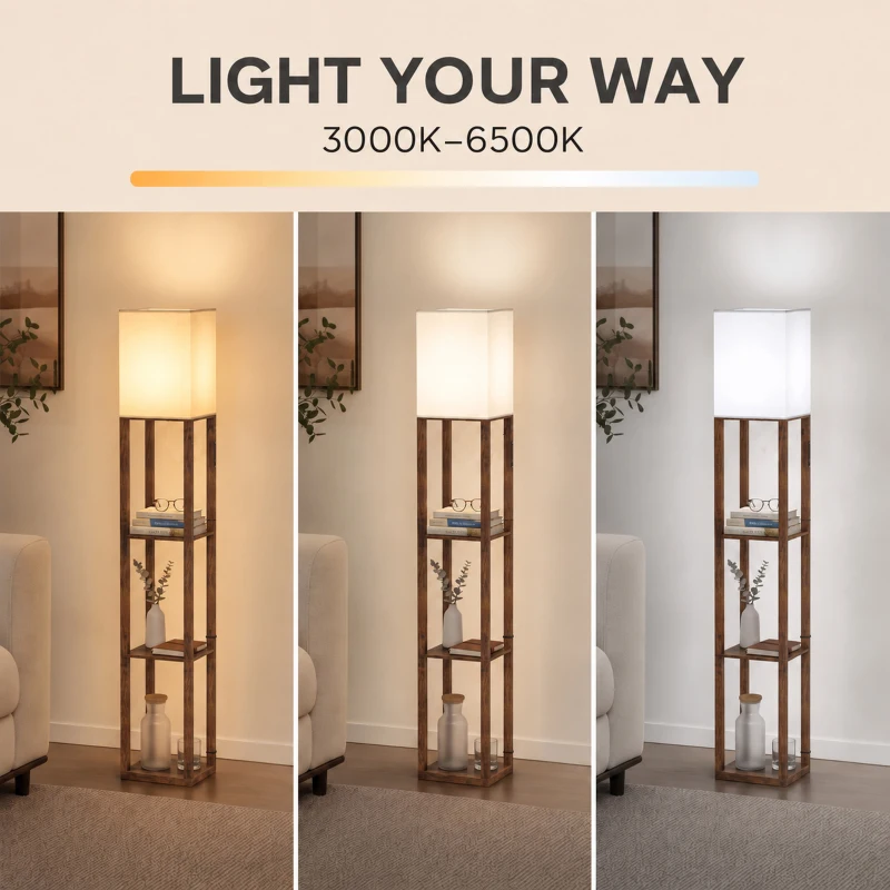 HOMCOM Floor Lamp with Shelves, Modern Dimmable Standing Lamp with Fabric Shade, Adjustable Colour Temperature, Rustic Brown