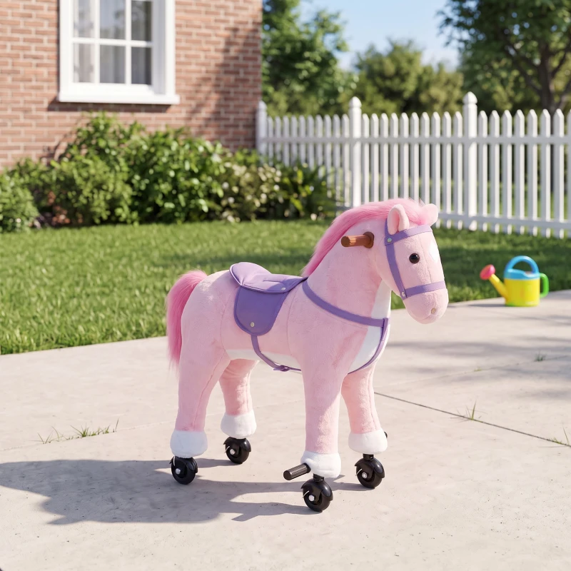 AIYAPLAY Cavalo de Brincar com Rodas, Som de Cascos, Música, Pedais e Pegas, Estrutura Metálica, +3 Anos, 50 kg, Rosa