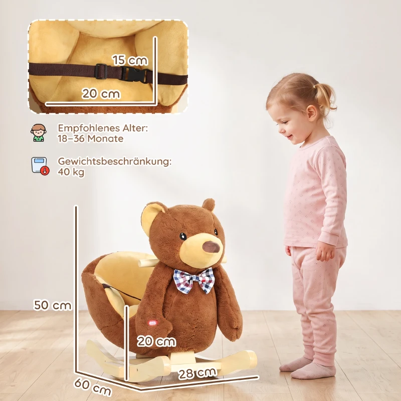 AIYAPLAY Schaukelpferd aus Holz mit Cartoon-Bär, Sicherheitsgurt und Musik, für Kleinkinder 18-36 Monaten, Braun