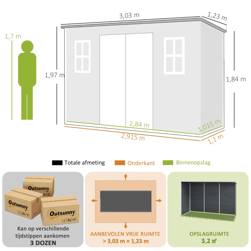 Outsunny Tuinhuisje 3,2m², Opslagschuur met Lessenaarsdak, 303x123x197cm met Ramen Afsluitbaar Deur Ventilatieopening Bodem