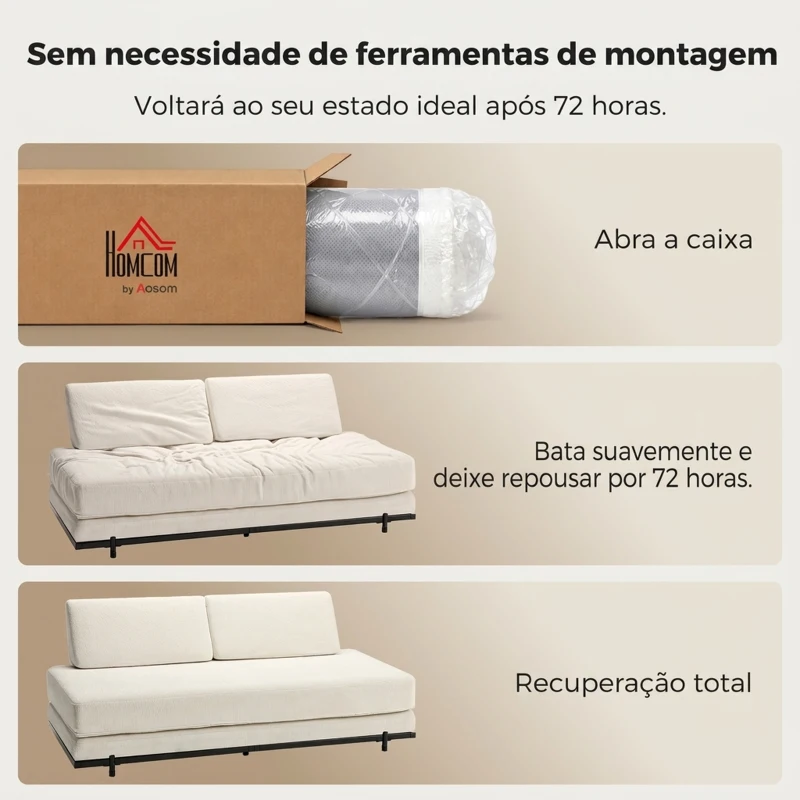 HOMCOM Sofá-cama 3 em 1 de 3 Lugares com 2 Almofadas Laváveis e Estrutura em Aço 193x82x57 cm Creme