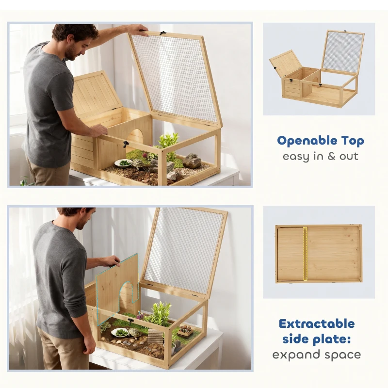 PawHut Tortoise House, Small Reptile Wooden House, with Mesh Roofs, Side Panels, for Turtles