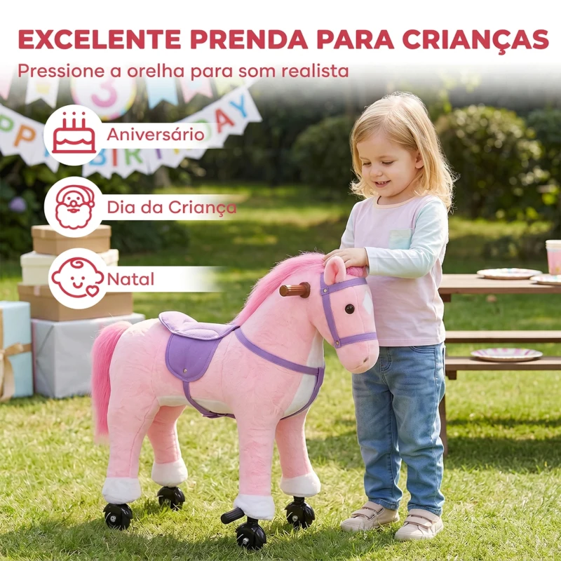 AIYAPLAY Cavalo de Brincar com Rodas, Som de Cascos, Música, Pedais e Pegas, Estrutura Metálica, +3 Anos, 50 kg, Rosa