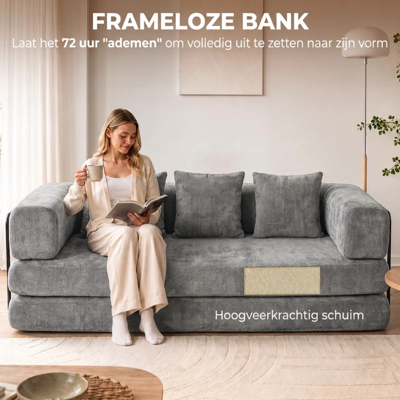 HOMCOM 205 cm slaapbank, 5-in-1, frameloze futon, 75 cm diepe zitting, hoogdicht schuim, grijs, geen montage nodig