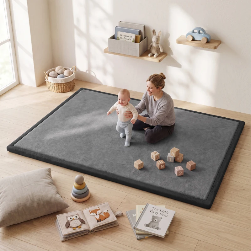 AIYAPLAY Alfombra de Juego para Niños 0-3 Años 180x150x3 cm con Superficie Impermeable, en Franela y Espuma, Gris Oscuro