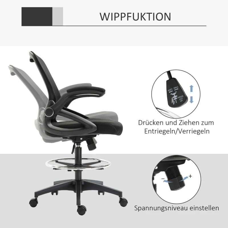 Vinsetto Bürosessel, Schreibtischstuhl, Stehfunktion, mit Fußablage, drehbarer Sitz, Stahl, schwarz, 64 x 60 x 106-126cm