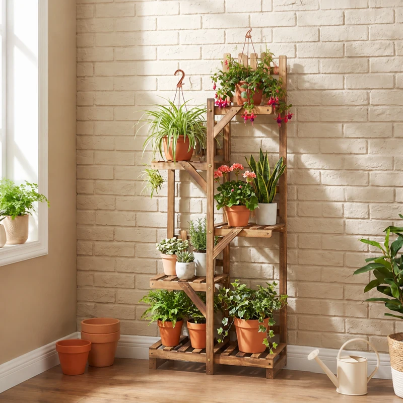 Outsunny Suport pentru Plante din Lemn 5 Niveluri cu Balustrade Decorative pentru Balcon Terasă 60x30x130 cm Carbonizat