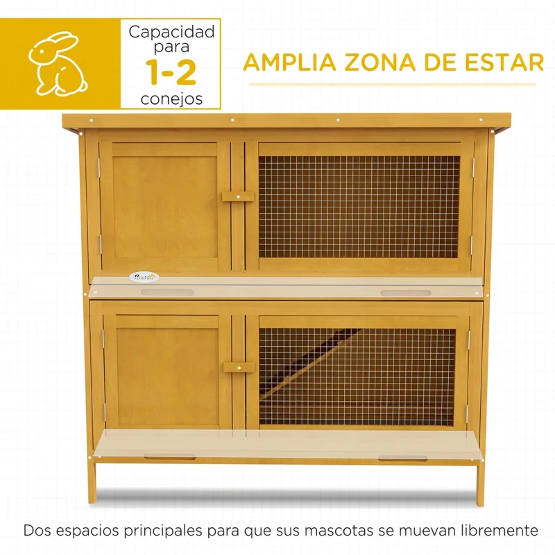 PawHut Conejera de Madera de 2 Pisos con Techo Asfáltico Bandejas Extraíbles y Rampa para 2 Conejos 97x44x91 cm Amarillo