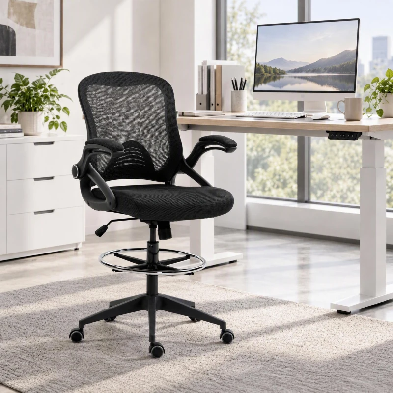Vinsetto Bürosessel, Schreibtischstuhl, Stehfunktion, mit Fußablage, drehbarer Sitz, Stahl, schwarz, 64 x 60 x 106-126cm
