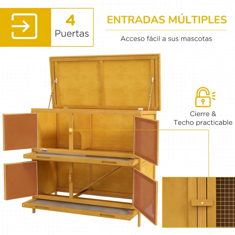 PawHut Conejera de Madera de 2 Pisos con Techo Asfáltico Bandejas Extraíbles y Rampa para 2 Conejos 97x44x91 cm Amarillo