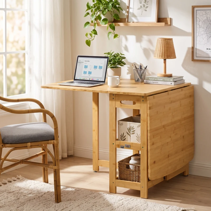 HOMCOM eettafel klaptafel met opbergvakken eetkamertafel keukentafel naturel hout(m-8)