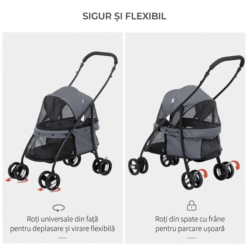 PawHut Cărucior pliabil pentru câini cu copertină reglabilă, geantă și 2 lese, 82x47x97 cm, gri și negru