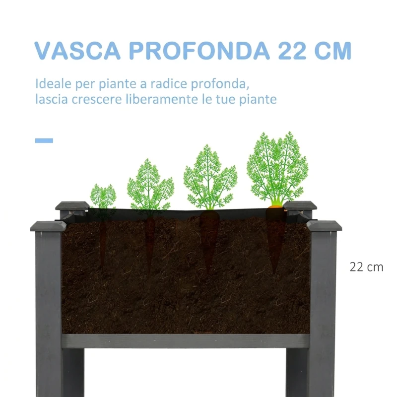 Outsunny Letto per Orto Rialzato, Fioriera Rialzata da Esterno in Abete con Fodera e 4 Fori di Drenaggio, Grigio Scuro