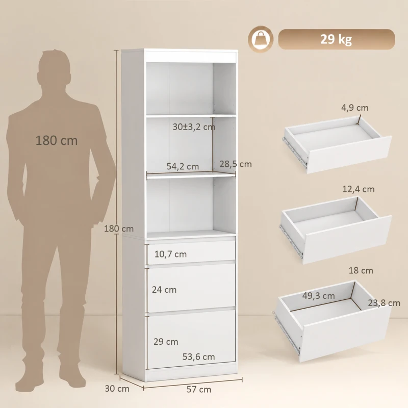 HOMCOM Estante para Livros Alta e Estreita com 6 Níveis, 3 Gavetas e 3 Compartimentos Abertos 57x30x180 cm Branco