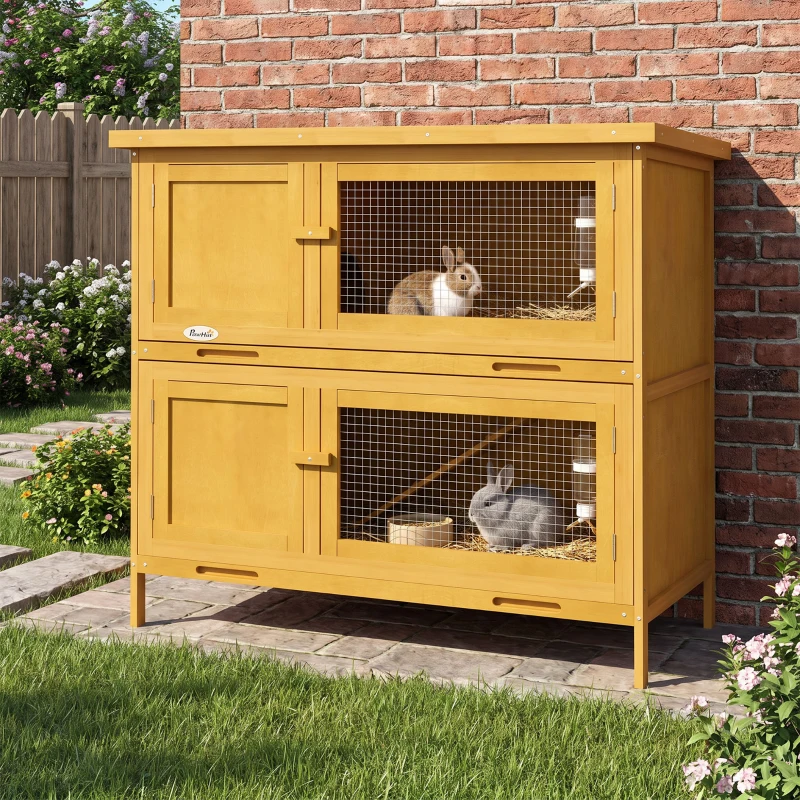 PawHut Conejera de Madera de 2 Pisos con Techo Asfáltico Bandejas Extraíbles y Rampa para 2 Conejos 97x44x91 cm Amarillo
