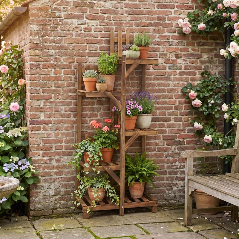 Outsunny Suport pentru Plante din Lemn 5 Niveluri cu Balustrade Decorative pentru Balcon Terasă 60x30x130 cm Carbonizat