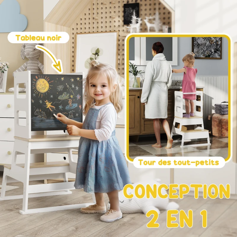 AIYAPLAY Tour d'observation enfant tour d'apprentissage structure trapézoïdale tableau noir 55 x 52,5 x 87,5 cm blanc