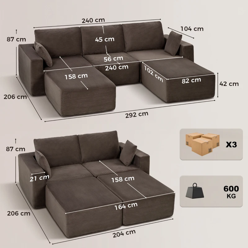 HOMCOM Modulaire U-bank 287 cm, frameloos, brede diepe corduroy zitting, high-density schuim, zonder montage, khaki