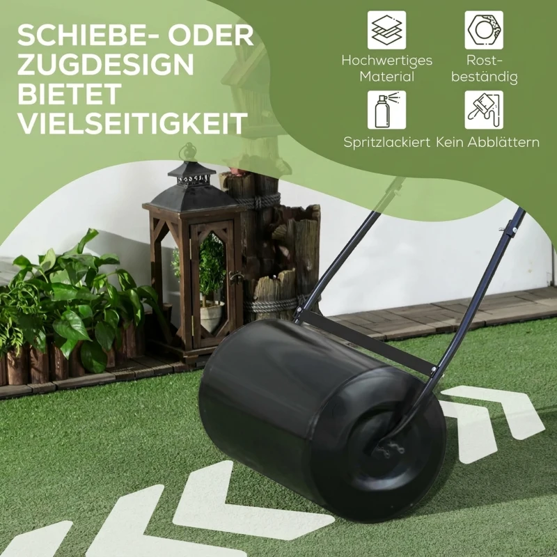 DURHAND Rasenwalze Gartenwalze befüllbar mit Wasser oder Sand 50cm Breite Handwalze mit U-Griff, 38L Füllvolumen