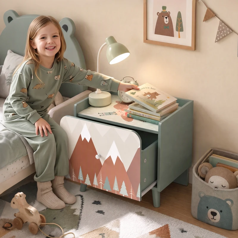AIYAPLAY Mesa de Cabeceira Infantil 3-8 Anos com Gaveta, Pés em Madeira de Pinho, Motivo de Urso, Cantos Arredondados, Verde