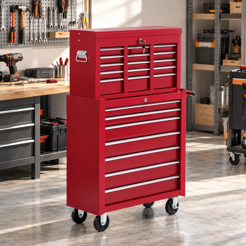 HOMCOM® mobiele werkplaatswagen, afsluitbaar met 16 schuifladen, rood / schuiflade gereedschapwagen wagen met wielen  gereedschapskist (rood)