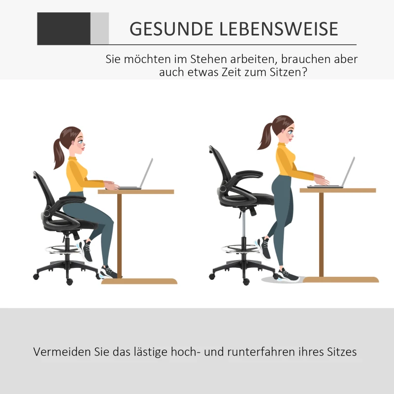 Vinsetto Bürosessel, Schreibtischstuhl, Stehfunktion, mit Fußablage, drehbarer Sitz, Stahl, schwarz, 64 x 60 x 106-126cm