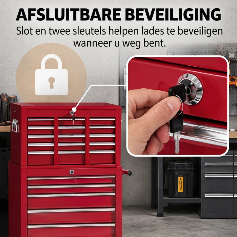 HOMCOM® mobiele werkplaatswagen, afsluitbaar met 16 schuifladen, rood / schuiflade gereedschapwagen wagen met wielen  gereedschapskist (rood)