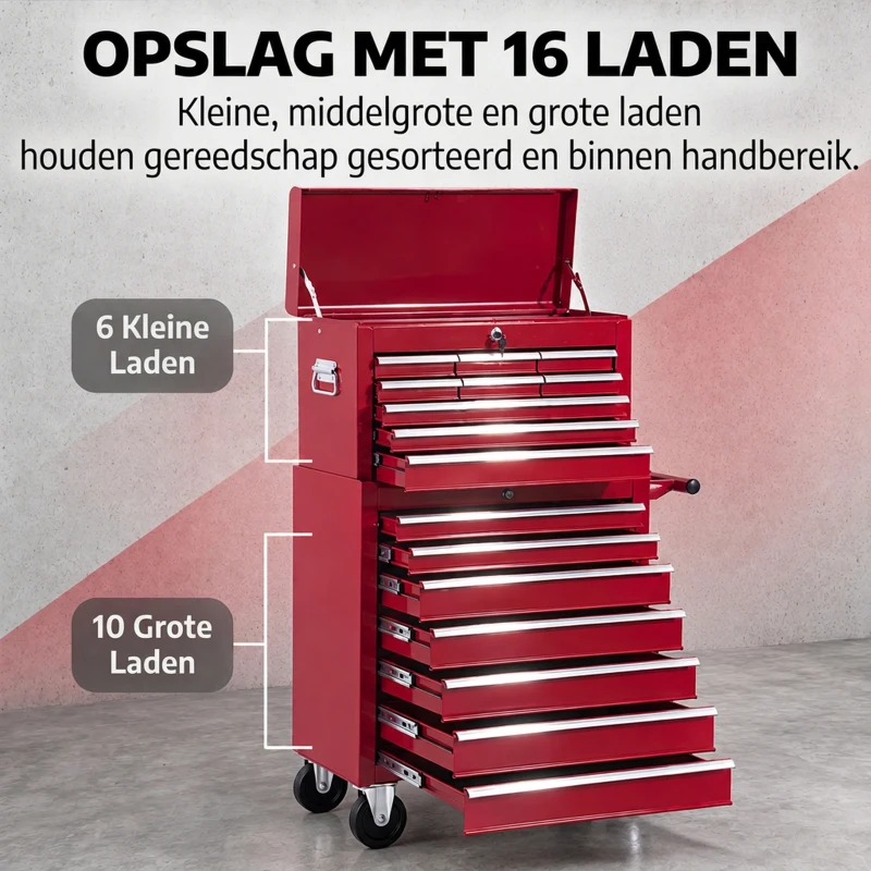 HOMCOM® mobiele werkplaatswagen, afsluitbaar met 16 schuifladen, rood / schuiflade gereedschapwagen wagen met wielen  gereedschapskist (rood)
