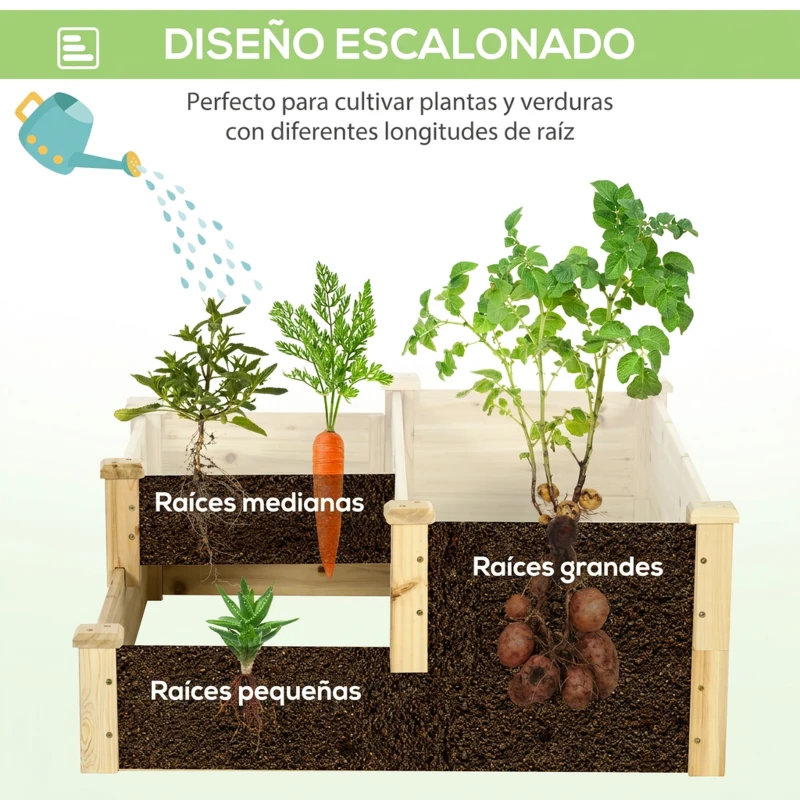 Outsunny Huerto Urbano 3 Niveles de Madera Jardinera Elevada con Base Abierta para Cultivar Plantas Flores 108x88x36 cm Natural