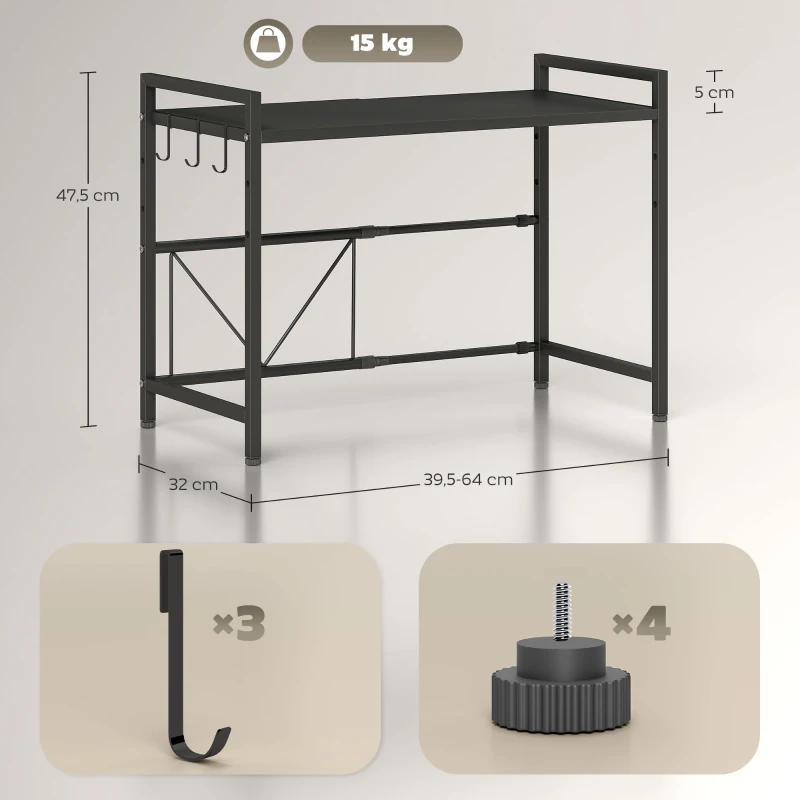 HOMCOM Expandable Microwave Oven Rack with 3 Hooks - Black