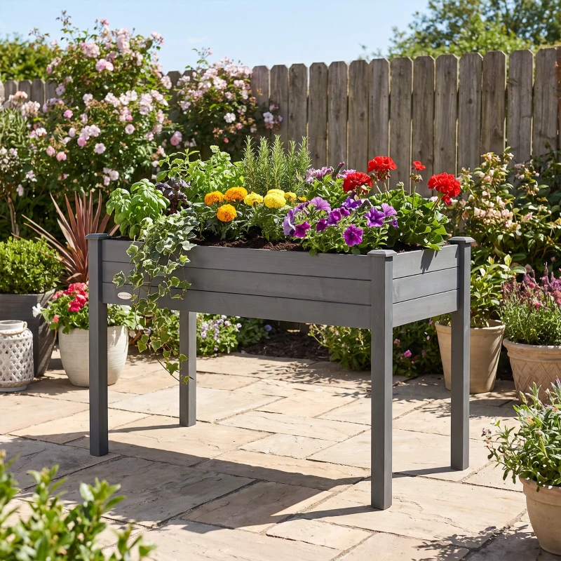 Outsunny Letto per Orto Rialzato, Fioriera Rialzata da Esterno in Abete con Fodera e 4 Fori di Drenaggio, Grigio Scuro