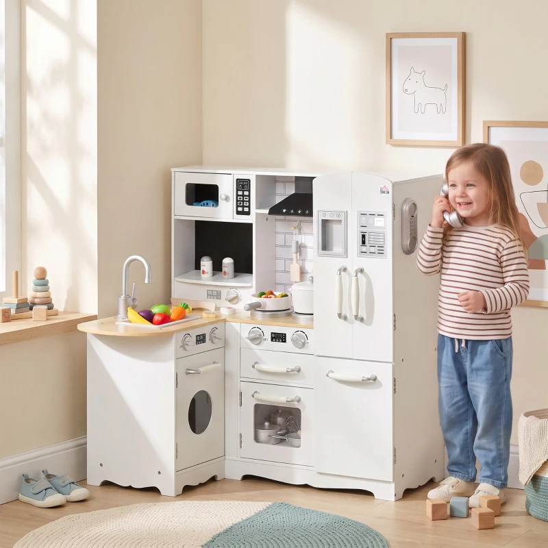 HOMCOM Kids Kitchen Playset, Large Pretend Role Play Kitchen, White