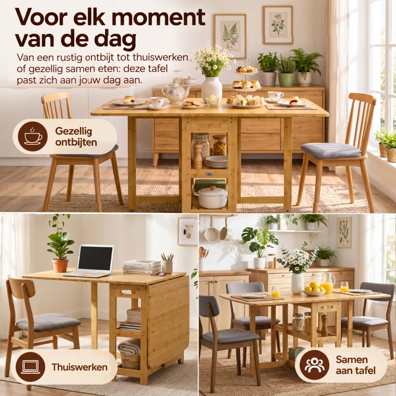 HOMCOM eettafel klaptafel met opbergvakken eetkamertafel keukentafel naturel hout(m-4)