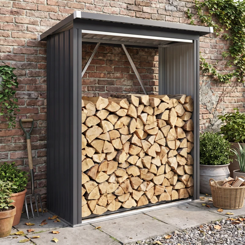Outsunny Casetilla para Leña de Acero Galvanizado con Base Elevada y Techo Inclinado 150x66,5x150 cm Gris Oscuro