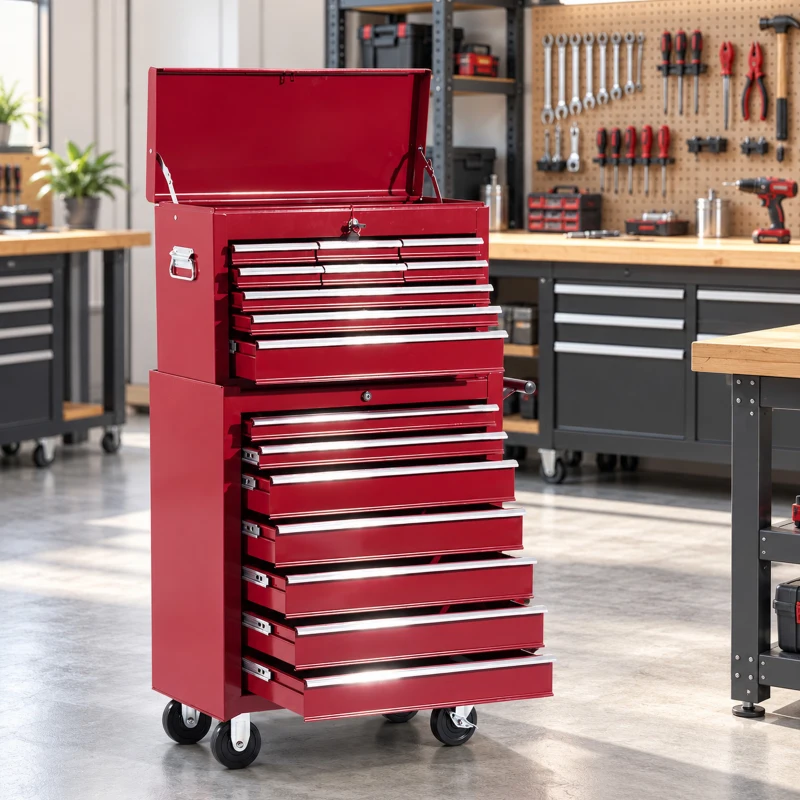 HOMCOM® mobiele werkplaatswagen, afsluitbaar met 16 schuifladen, rood / schuiflade gereedschapwagen wagen met wielen  gereedschapskist (rood)