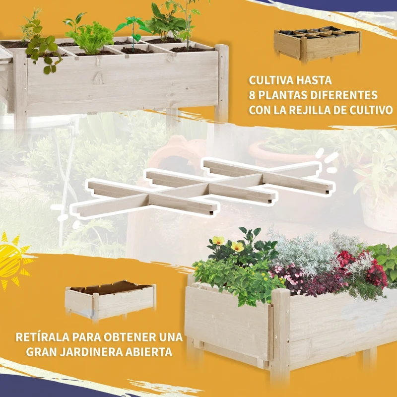Outsunny Huerto Urbano Elevado con 8 Rejillas y Estantes Tela no Tejida para Cultivo Verduras y Hortalizas 123x54x87 cm Natural