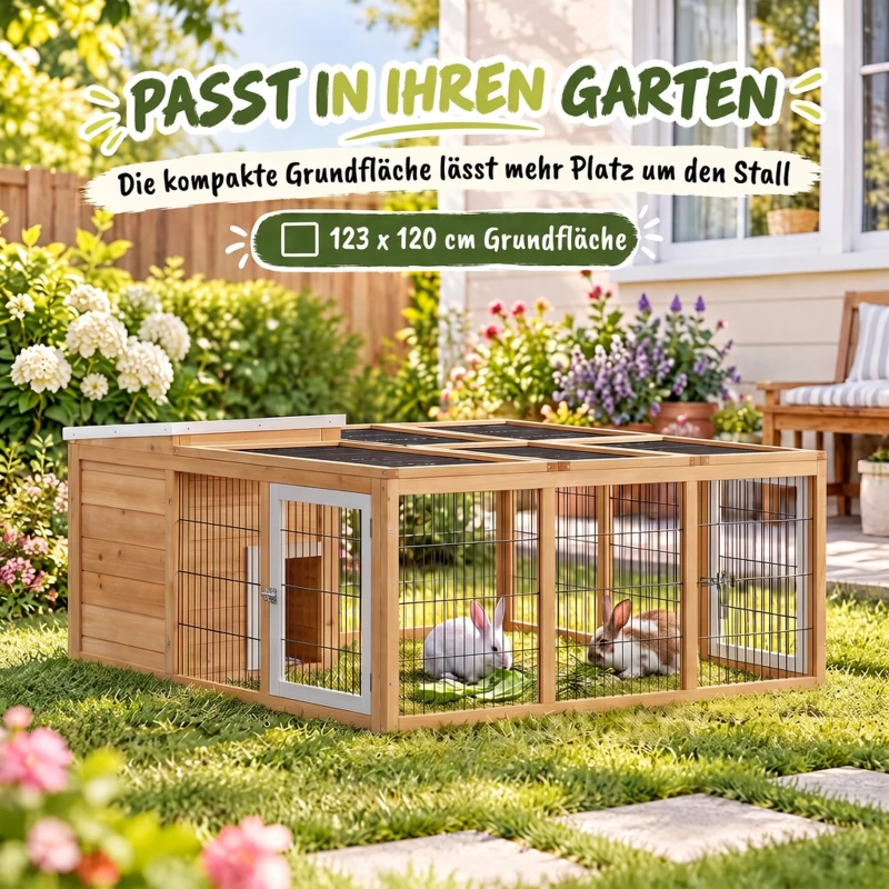 PawHut Kleintierstall mit Freigehege, aufklappbares Dach, wetterbeständig, 123 cm x 120 cm x 52 cm, Braun