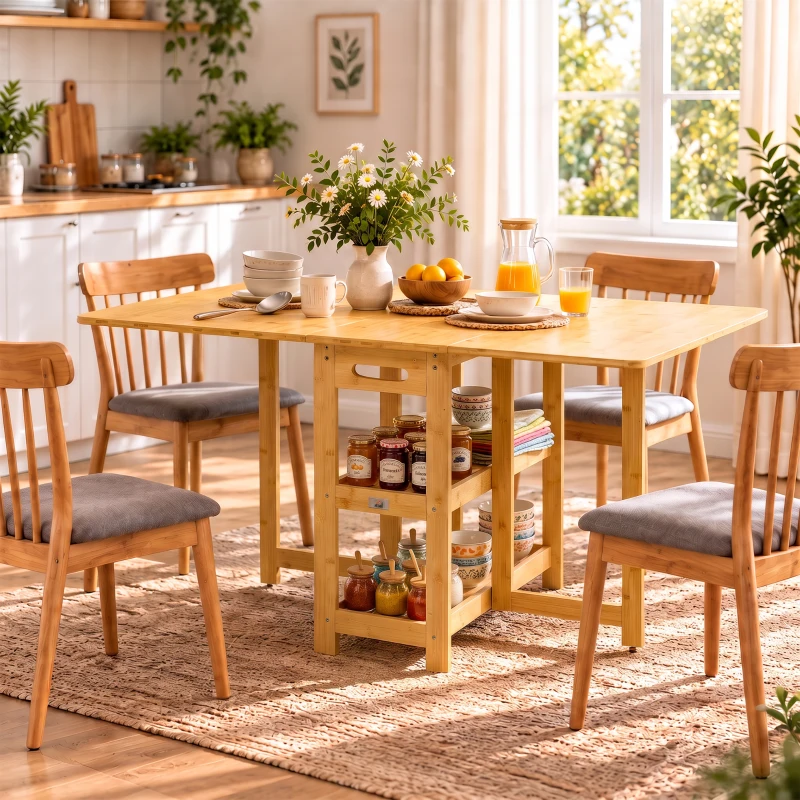 HOMCOM eettafel klaptafel met opbergvakken eetkamertafel keukentafel naturel hout(m-2)
