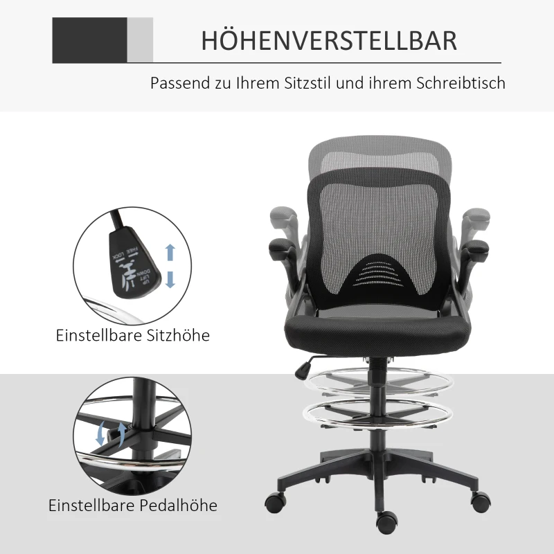 Vinsetto Bürosessel, Schreibtischstuhl, Stehfunktion, mit Fußablage, drehbarer Sitz, Stahl, schwarz, 64 x 60 x 106-126cm