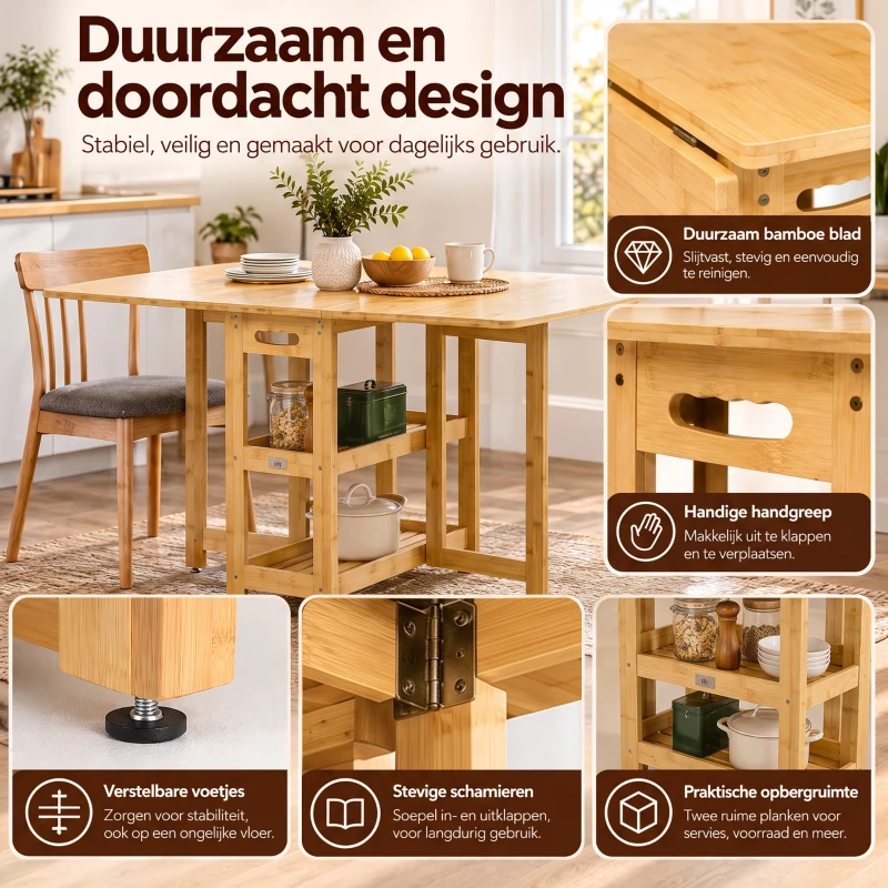 HOMCOM eettafel klaptafel met opbergvakken eetkamertafel keukentafel naturel hout(m-5)