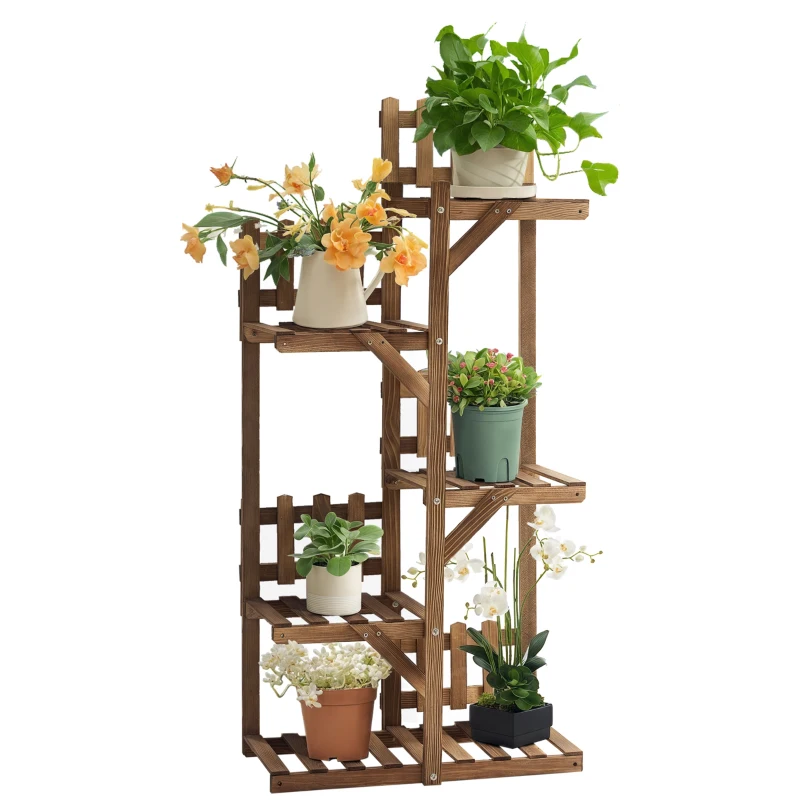 Outsunny Suport pentru Plante din Lemn 5 Niveluri cu Balustrade Decorative pentru Balcon Terasă 60x30x130 cm Carbonizat