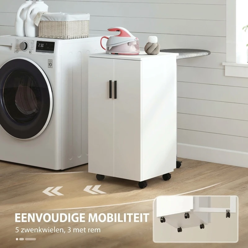 HOMCOM 2-in-1 opklapbare Strijkplankkast op Wielen met Strijkplank en Verstelbaar Rek voor Kleine Ruimtes, Wit