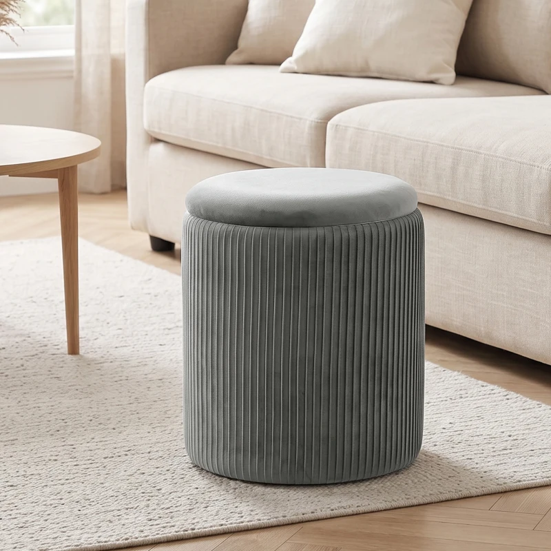 HOMCOM Puff redondo de terciopelo con almacenamiento, asiento tapizado, reposapiés con tapa 45 cm, Gris