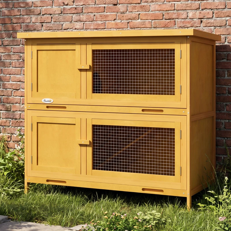 PawHut Conejera de Madera de 2 Pisos con Techo Asfáltico Bandejas Extraíbles y Rampa para 2 Conejos 97x44x91 cm Amarillo