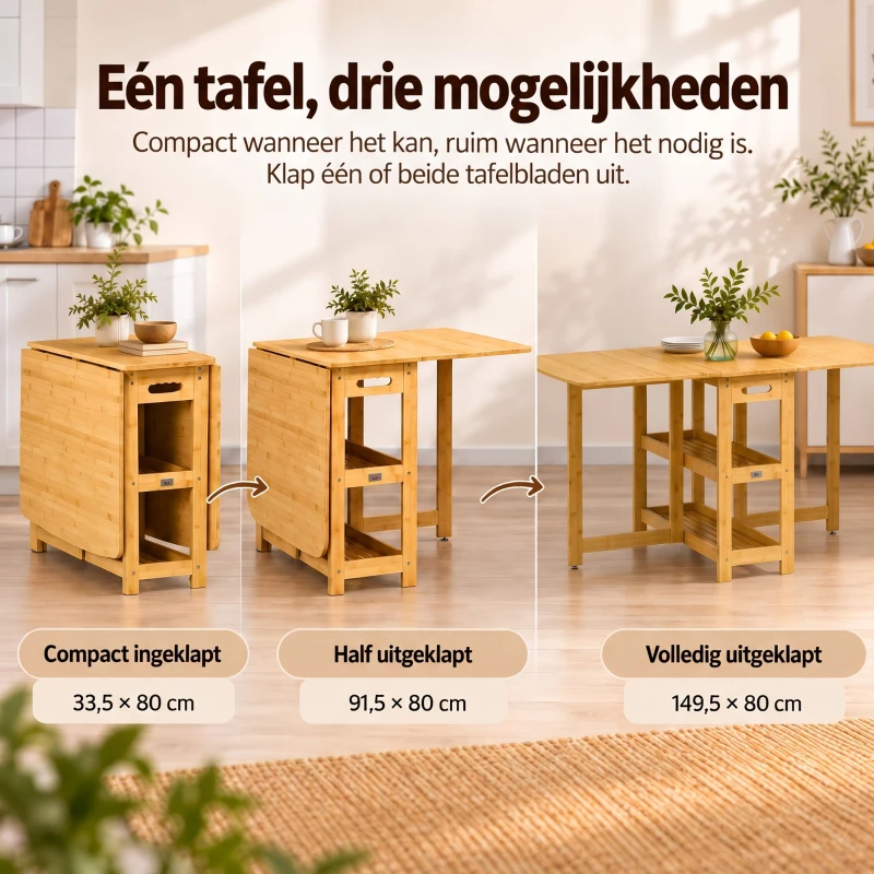 HOMCOM eettafel klaptafel met opbergvakken eetkamertafel keukentafel naturel hout(m-6)